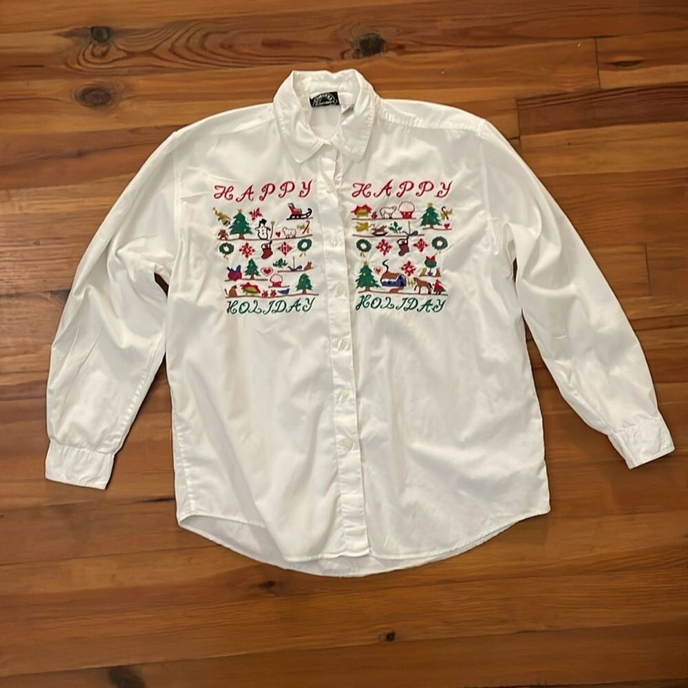 Erika & Company Vintage White Cotton Holiday Embroidered Shirt Womens Size Large - Picture 3 of 11